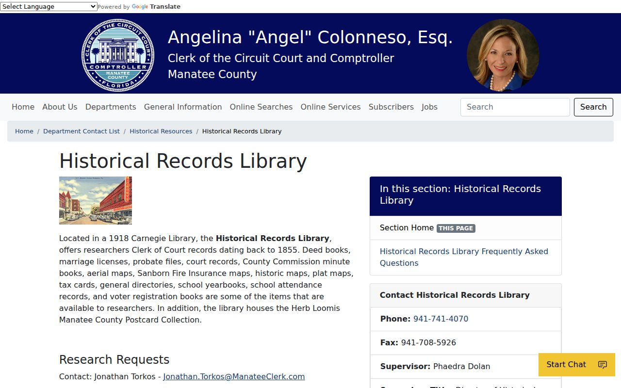 Manatee County Clerk Historical Records Library collection and reading room information