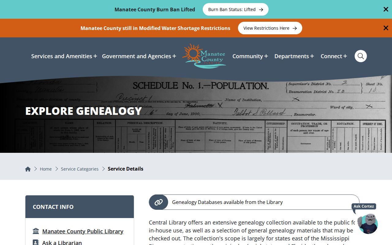 Manatee County Central Library genealogy research services and Eaton Room access