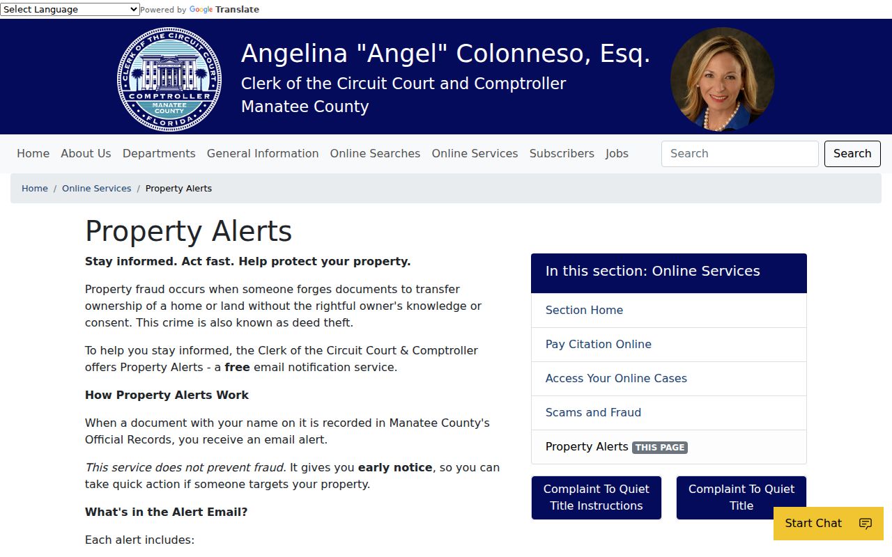 Manatee County Clerk free Property Alerts registration information