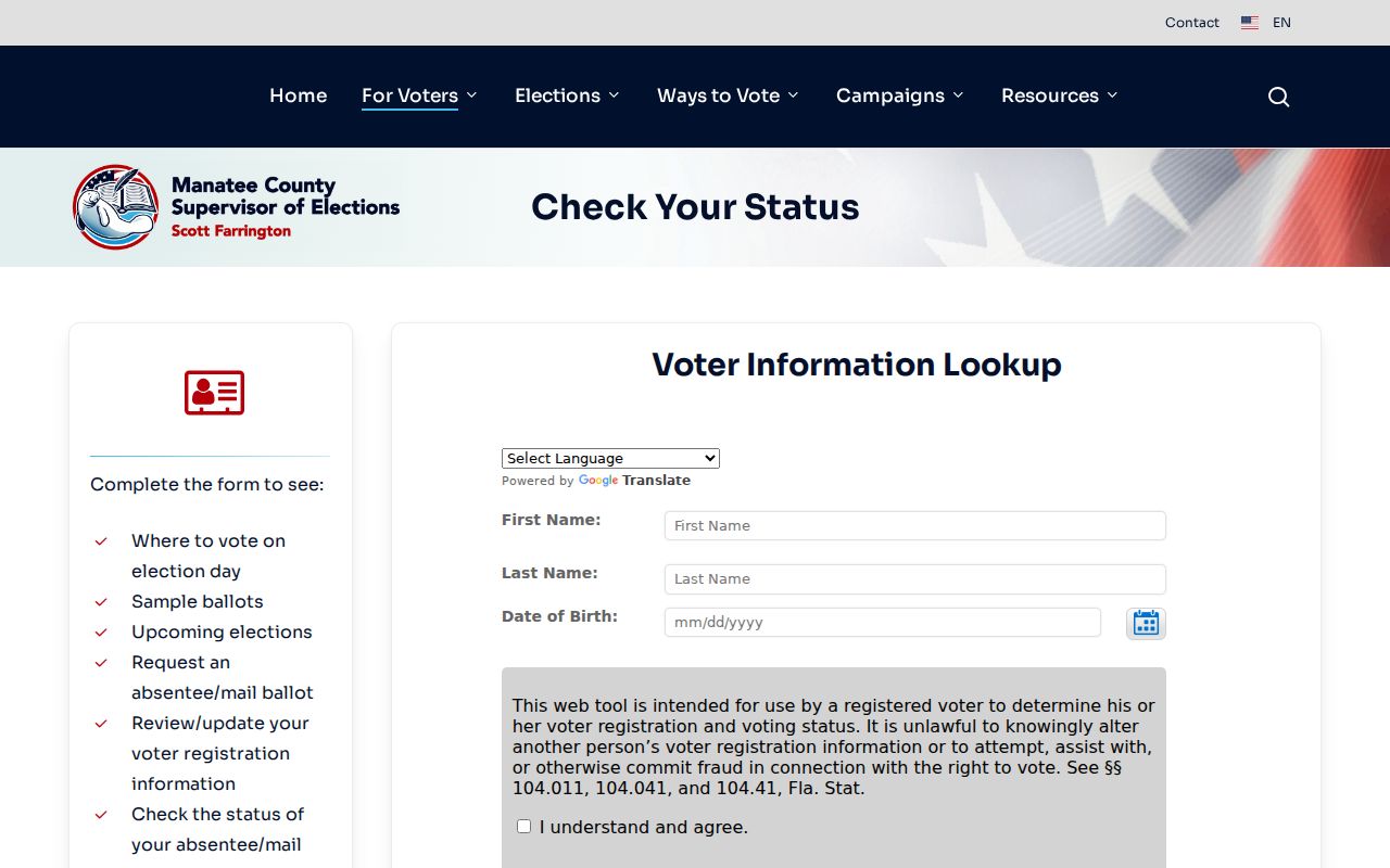 Manatee County Supervisor of Elections voter status gateway