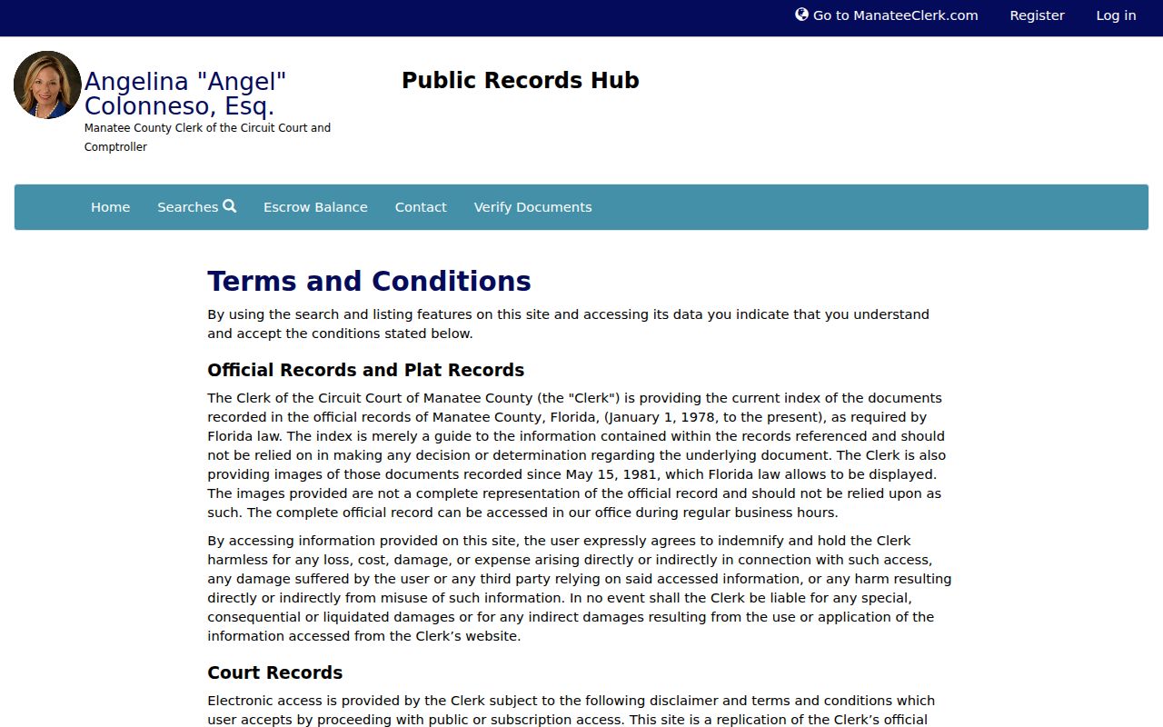 Manatee Clerk Public Records Hub index and image coverage terms