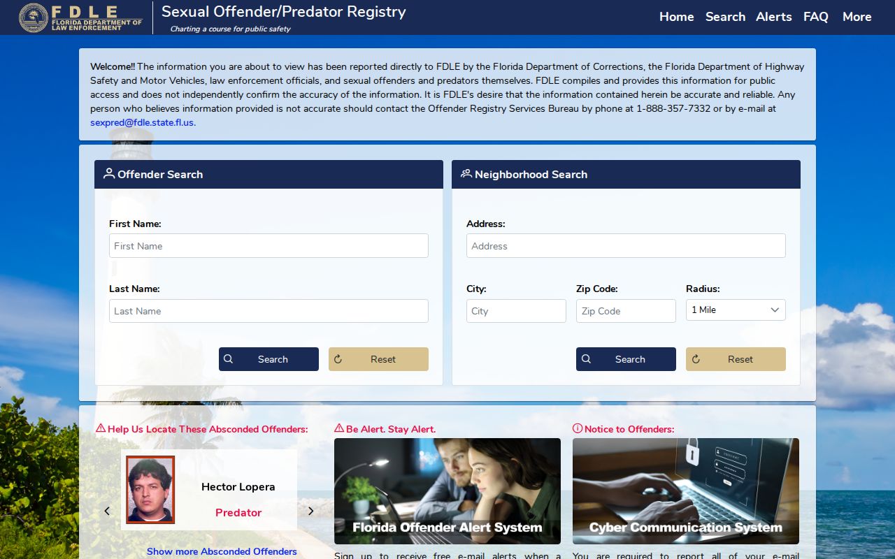 FDLE official offender registry search interface for Manatee County location checks
