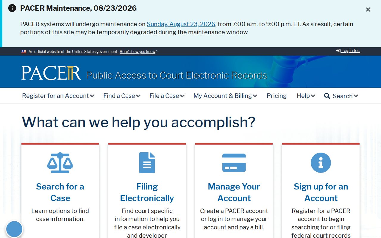 PACER federal court case access page relevant to Manatee County residents