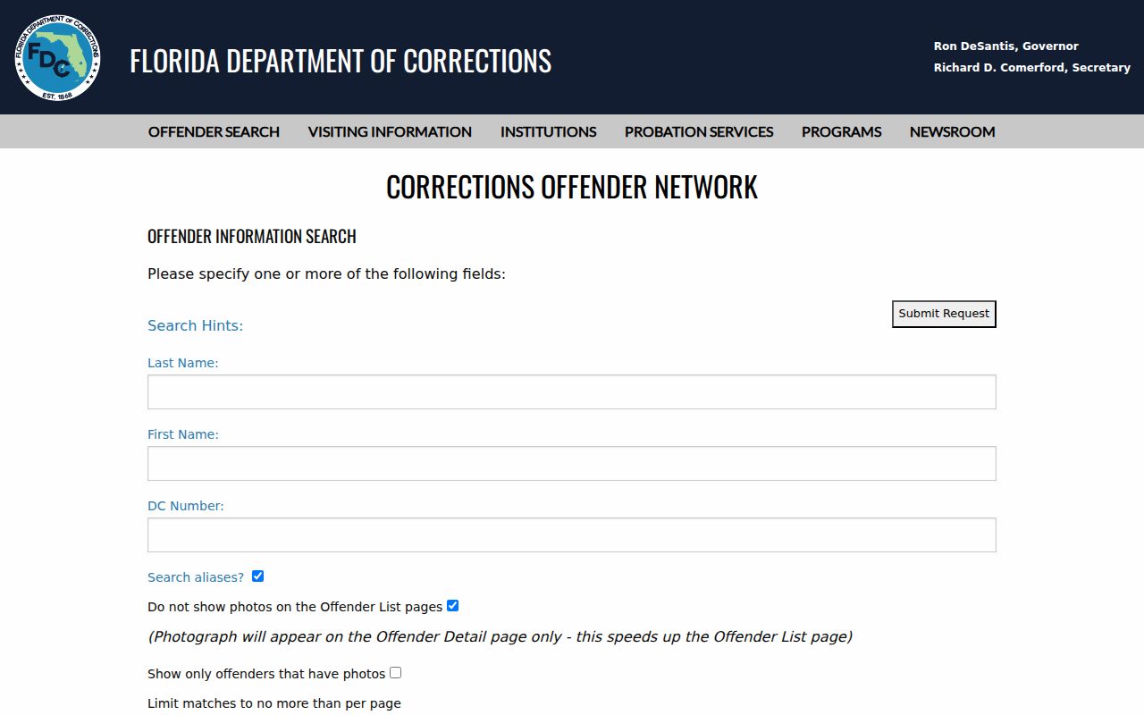 Florida Department of Corrections name search used for official state custody records