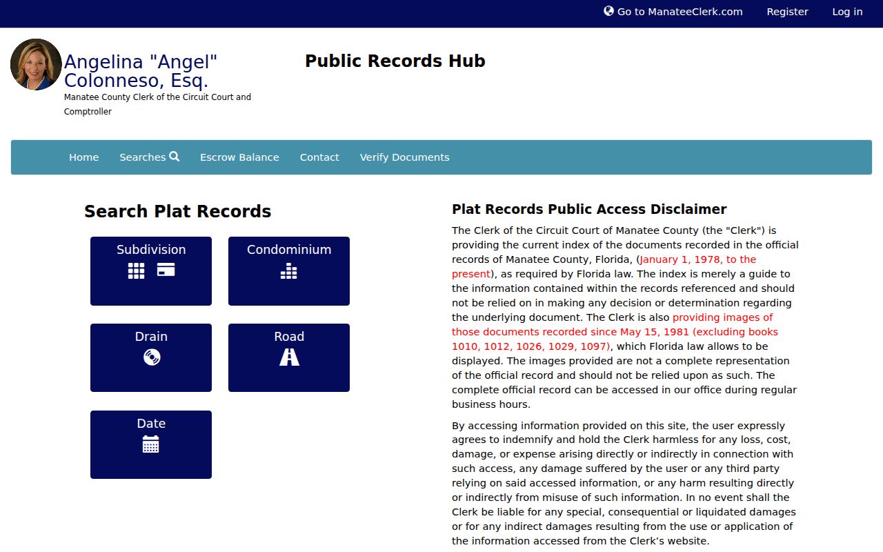 Manatee County Clerk plat records search for subdivision and road maps