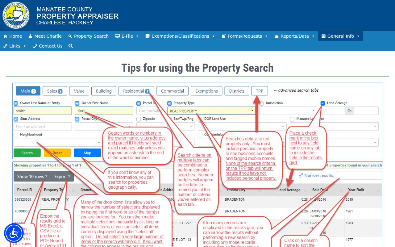 Manatee County Property Appraiser property search tips for address and parcel searches