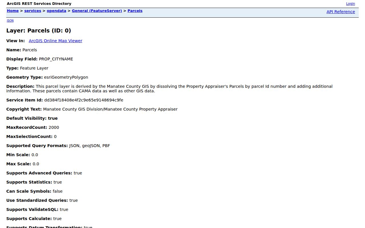 Manatee County parcel feature schema with ZIP and address fields